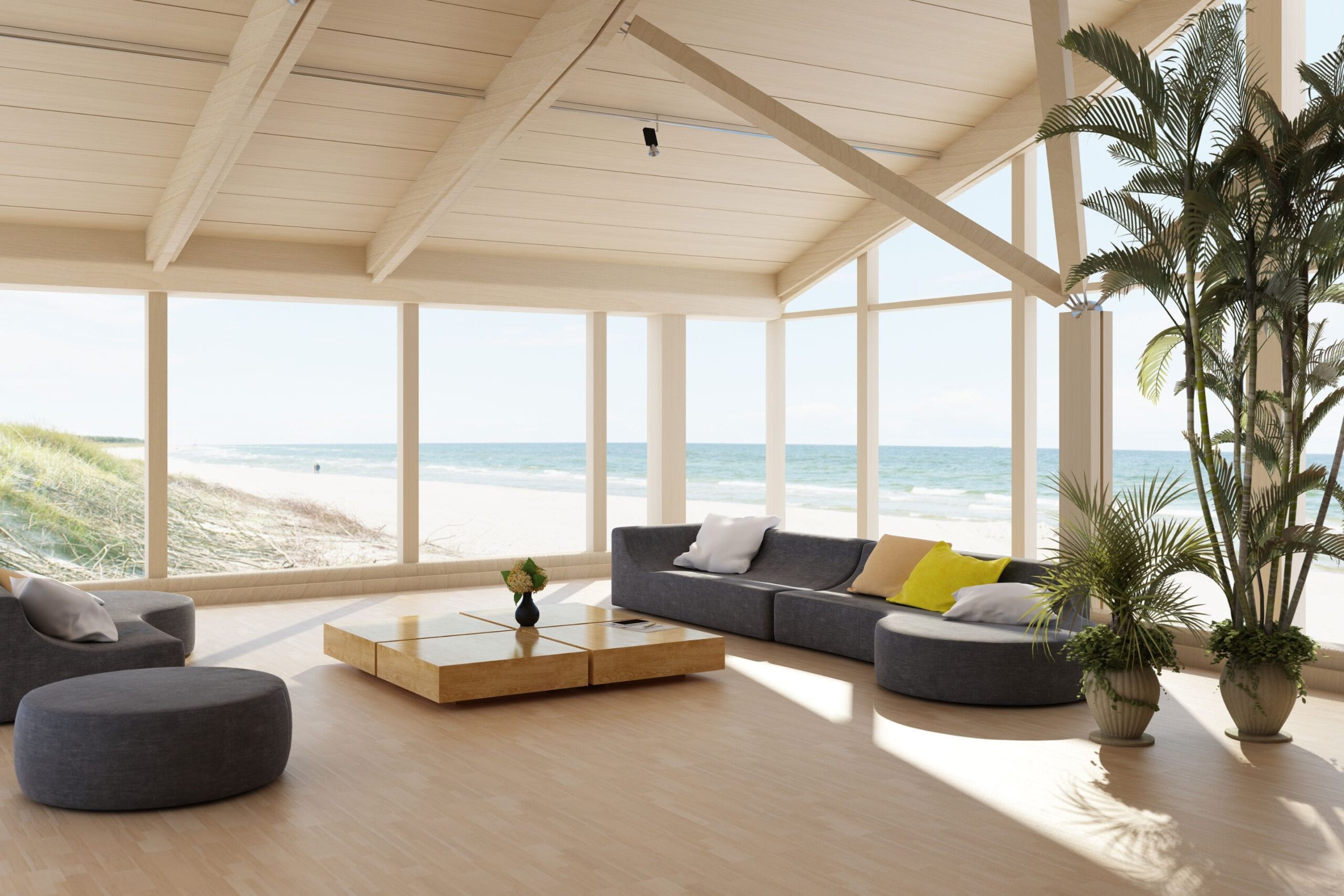 beachfront covered patio with floor to ceiling windows to take in the view