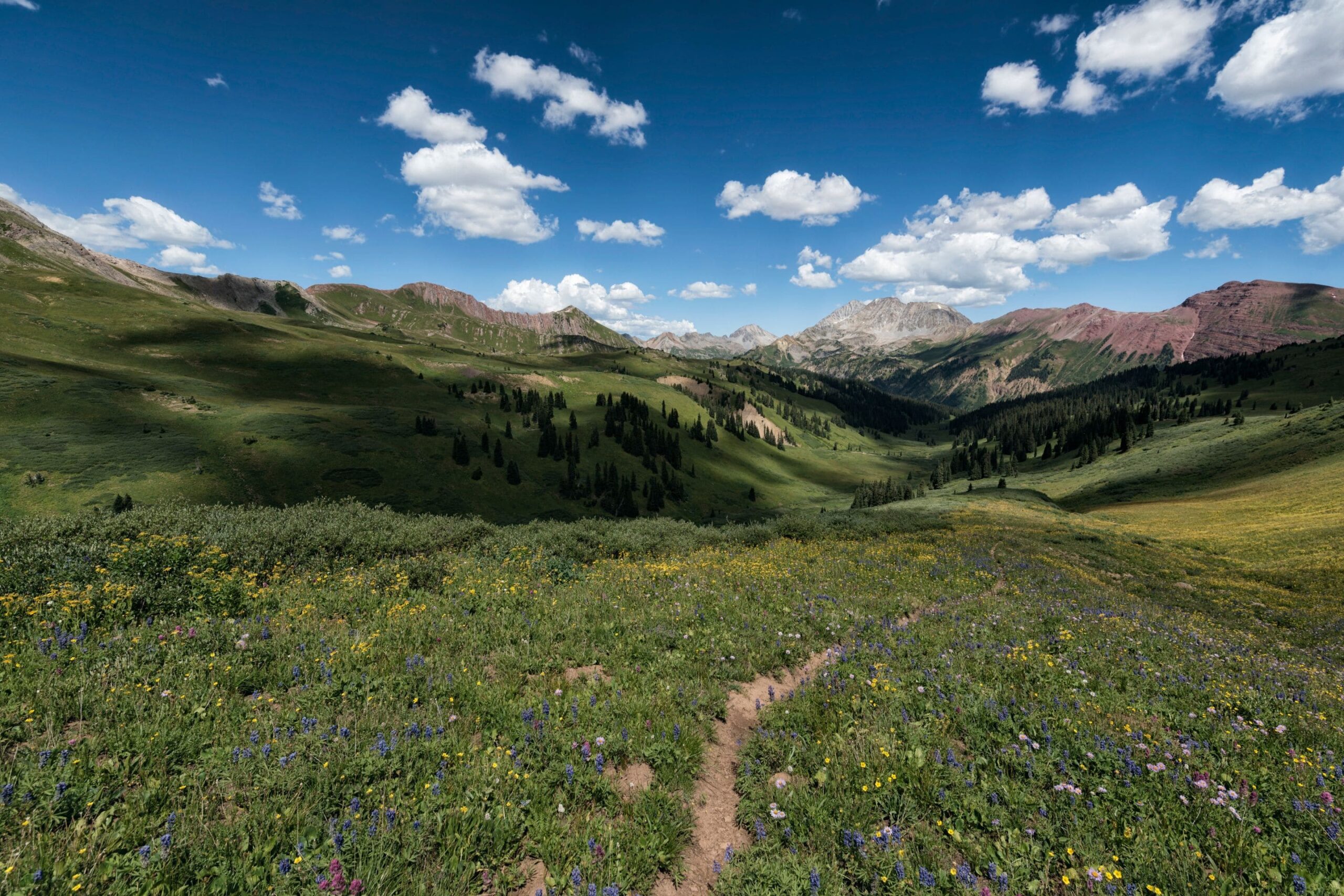 a small dirt hiking trail surrounded by green rolling hills with mountains in the distance