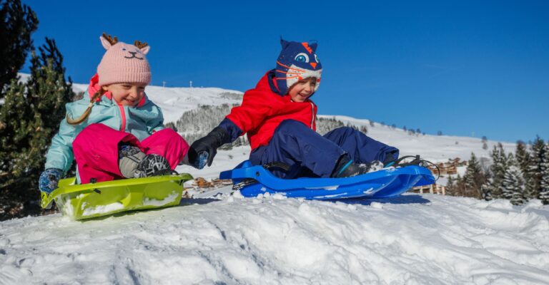 Two children joyfully riding a sled down a snowy hill, surrounded by a winter landscape
